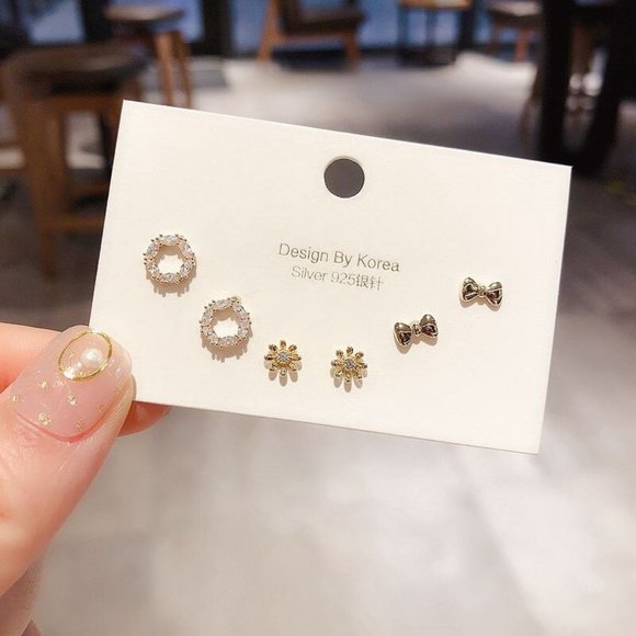 [3 Pairs] 925 Sterling Silver Diamond Earrings A - Picture 4 of 8